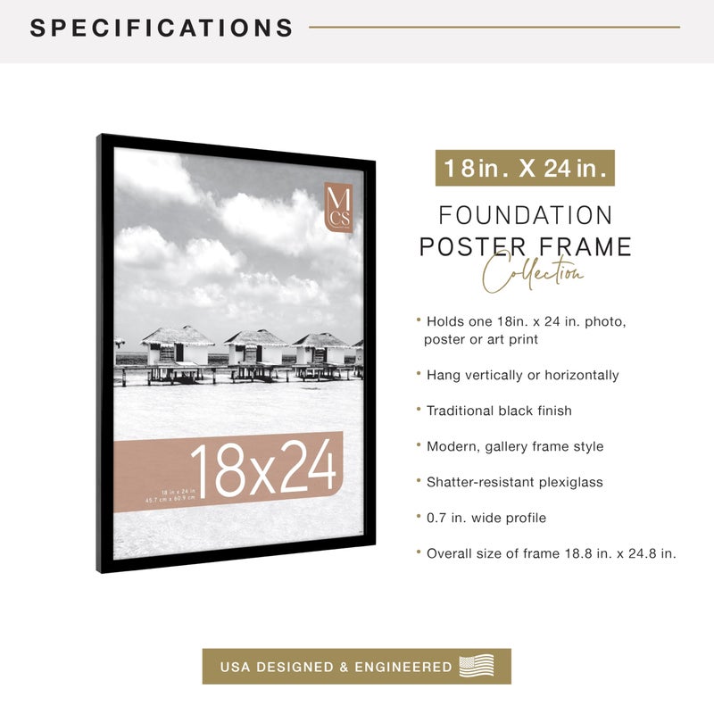 MCS Foundation 18x24 Poster Frame Traditional Black, Vertical & Horizontal Wall Hanging Large Picture Frame for Photos, Posters & Art Prints (1-Pack) - Image 4