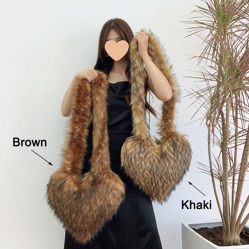 Rejolly Heart Shaped Furry Purse for Women Soft Crossbody Bag Large Fluffy Faux Fur Trendy Y2K Shoulder Bags for Girls Brown - Image 5