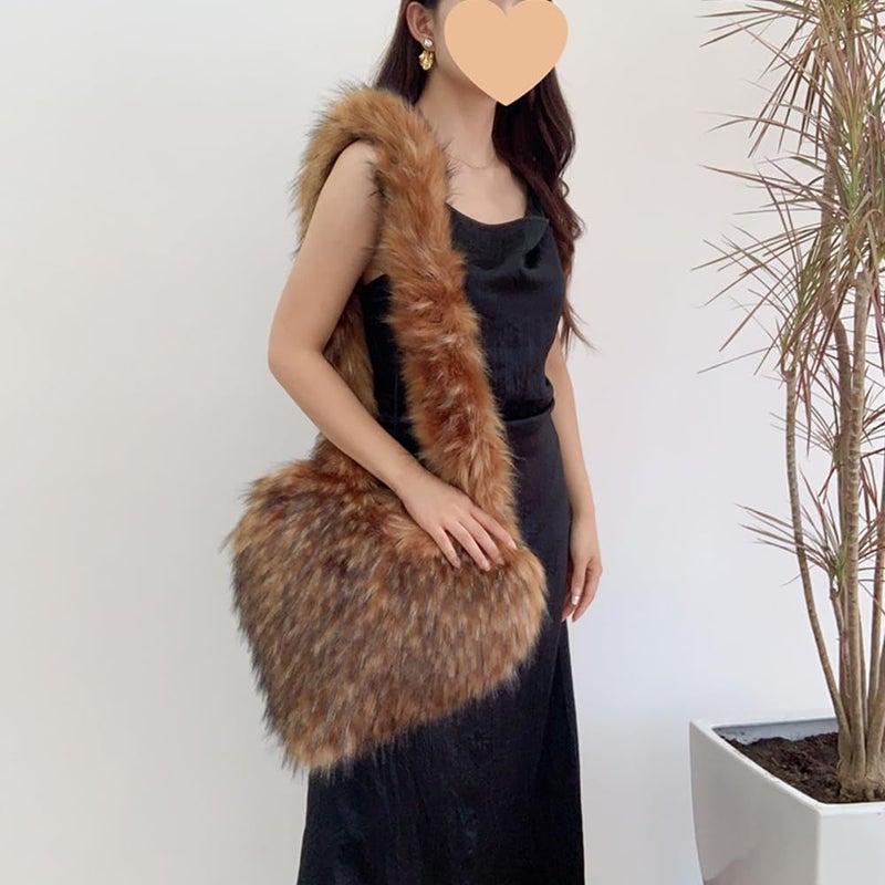 Rejolly Heart Shaped Furry Purse for Women Soft Crossbody Bag Large Fluffy Faux Fur Trendy Y2K Shoulder Bags for Girls Brown - Image 4