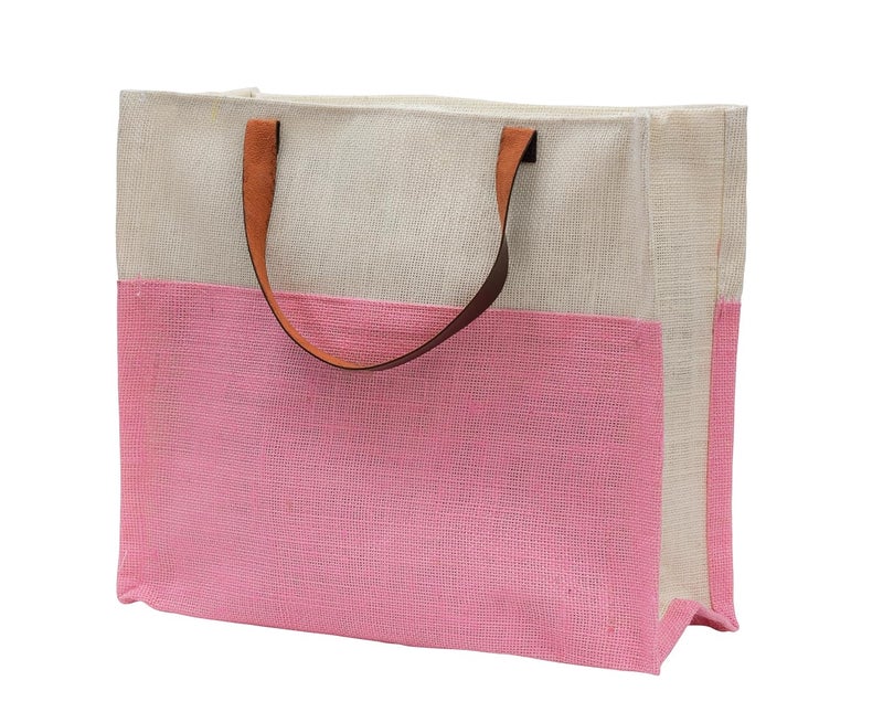 JUTEKA Stylish, Baby Pink,Durable, Multipurpose Hand Bag for Lunch, Shopping, Eco Friendly Jute Bag with Leather Handles…… - Image 1