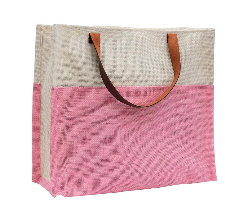 JUTEKA Stylish, Baby Pink,Durable, Multipurpose Hand Bag for Lunch, Shopping, Eco Friendly Jute Bag with Leather Handles…… - Image 3