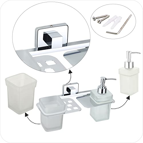 KANJAL Premium Stainless Steel Toothbrush Holder with Glass Tumbler & Liquid Soap Dispenser Set – Wall Mounted 2-in-1 Bathroom Organizer, Chrome Finish (Square/Frosted Glass) - Image 5