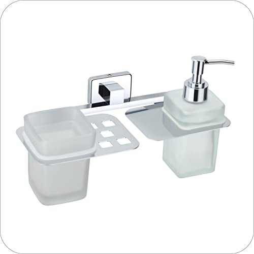 KANJAL Premium Stainless Steel Toothbrush Holder with Glass Tumbler & Liquid Soap Dispenser Set – Wall Mounted 2-in-1 Bathroom Organizer, Chrome Finish (Square/Frosted Glass) - Image 4