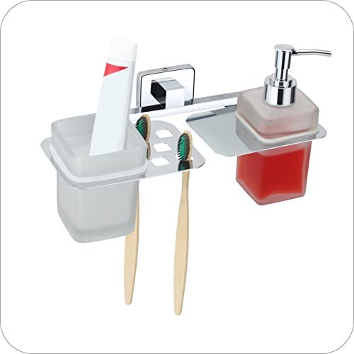 KANJAL Premium Stainless Steel Toothbrush Holder with Glass Tumbler & Liquid Soap Dispenser Set – Wall Mounted 2-in-1 Bathroom Organizer, Chrome Finish (Square/Frosted Glass) - Image 2
