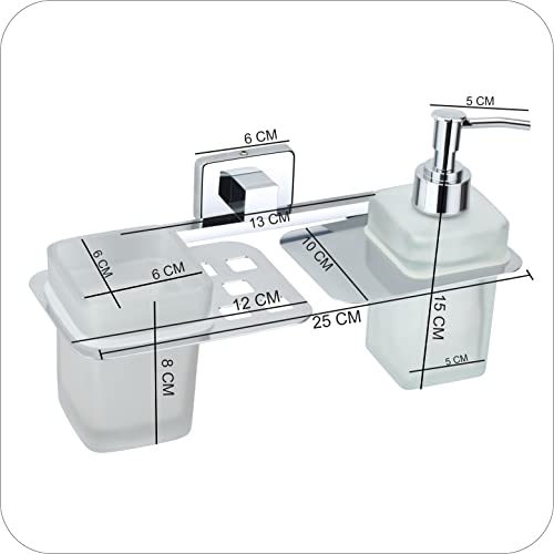 KANJAL Premium Stainless Steel Toothbrush Holder with Glass Tumbler & Liquid Soap Dispenser Set – Wall Mounted 2-in-1 Bathroom Organizer, Chrome Finish (Square/Frosted Glass) - Image 3