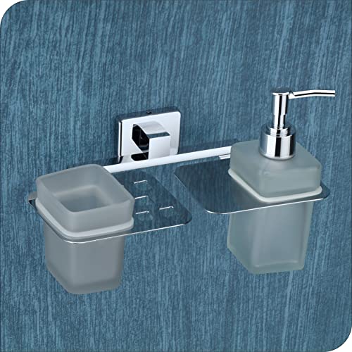 KANJAL Premium Stainless Steel Toothbrush Holder with Glass Tumbler & Liquid Soap Dispenser Set – Wall Mounted 2-in-1 Bathroom Organizer, Chrome Finish (Square/Frosted Glass) - Image 1