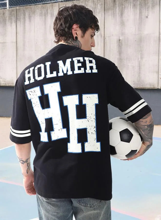 Hubberholme Oversized Black 100% Cotton Printed Half Sleeves Knitted T-Shirt with Slip-on Closure Regular Length Flat Collar Round Neck - Ideal for Streetwear - A Must-Have for Your Wardrobe!