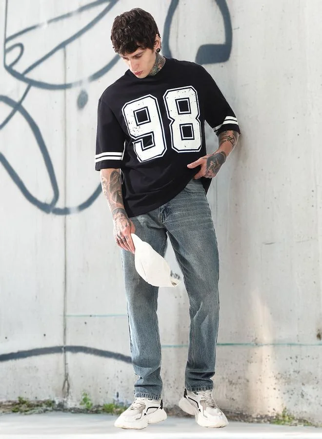 Hubberholme Oversized Black 100% Cotton Printed Half Sleeves Knitted T-Shirt with Slip-on Closure Regular Length Flat Collar Round Neck - Ideal for Streetwear - A Must-Have for Your Wardrobe!