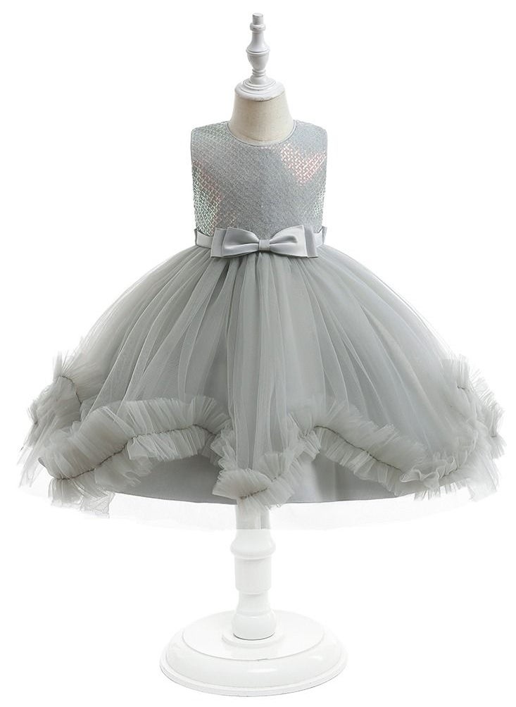LIXADA - Girls Gray Tulle Dress Grey Bow Princess Dress Birthday Dress Daughter Dress Gift Wedding Party Dress Birthday Dress - Image 1