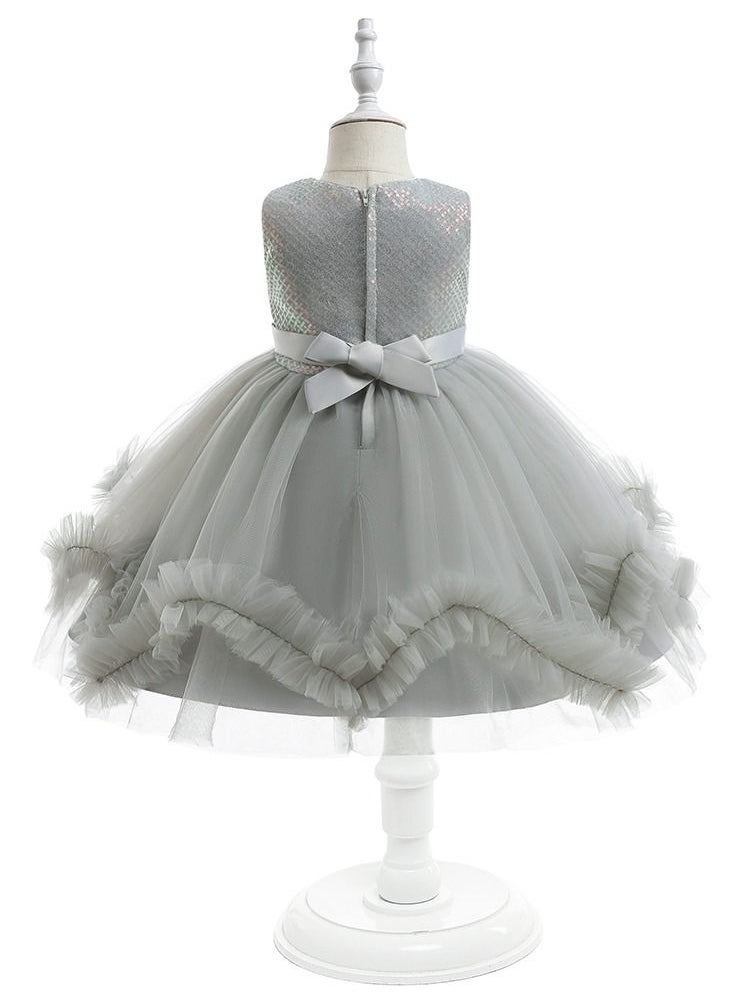 LIXADA - Girls Gray Tulle Dress Grey Bow Princess Dress Birthday Dress Daughter Dress Gift Wedding Party Dress Birthday Dress - Image 1