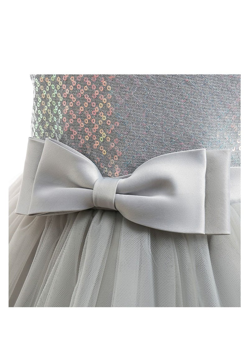 LIXADA - Girls Gray Tulle Dress Grey Bow Princess Dress Birthday Dress Daughter Dress Gift Wedding Party Dress Birthday Dress - Image 1