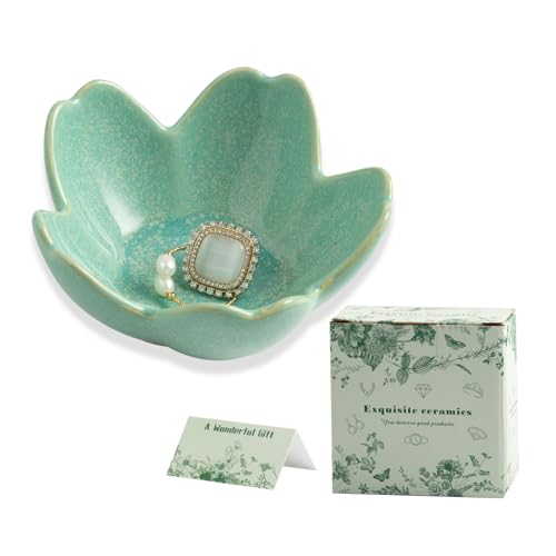 Mecaikru Flower Jewelry Tray Ceramic Ring Dish Jewelry Dish Small Trinket Tray Cute Ring Holder Key Bowl Decorative Plate Gifts For Mom/Sister/Friend, Birthday/Mother's Day/Christmas Gift (dark green) - Image 1