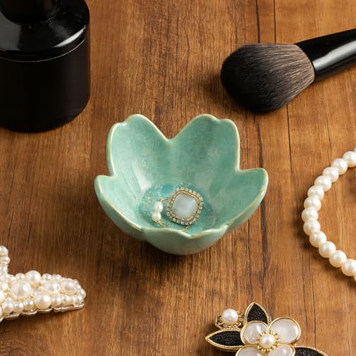 Mecaikru Flower Jewelry Tray Ceramic Ring Dish Jewelry Dish Small Trinket Tray Cute Ring Holder Key Bowl Decorative Plate Gifts For Mom/Sister/Friend, Birthday/Mother's Day/Christmas Gift (dark green) - Image 2