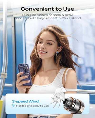 Otlonpe Rechargeable Mini Portable Handheld Fan, Small Personal Battery Powered Handheld Portable Fans for Hand Held Desktop Travel, Foldable Stand, Slim Cordless, Wrist Strap, 3-Speed (Blue) - Image 2