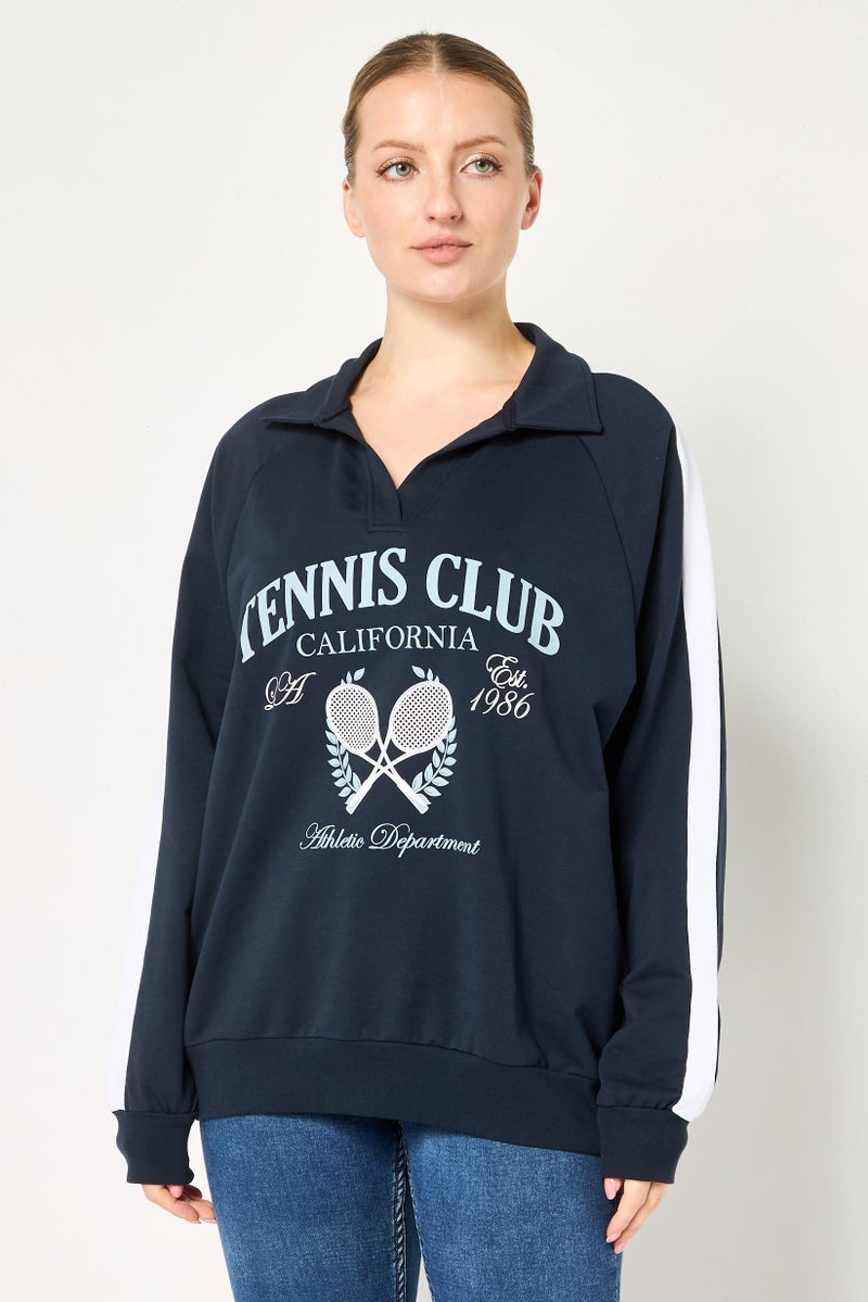 DeFacto Women Spread Collar Long Sleeve Graphic Print Sweatshirt, Navy - Image 1