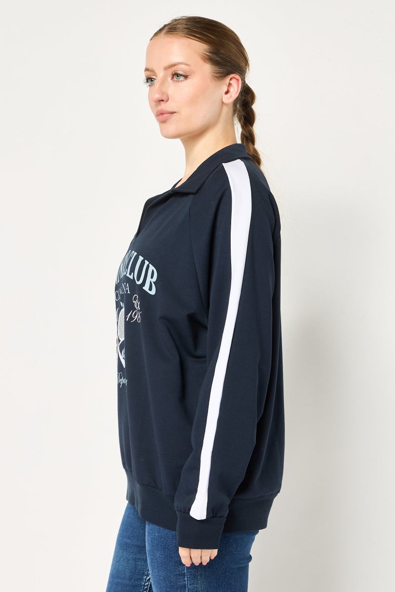 DeFacto Women Spread Collar Long Sleeve Graphic Print Sweatshirt, Navy - Image 3