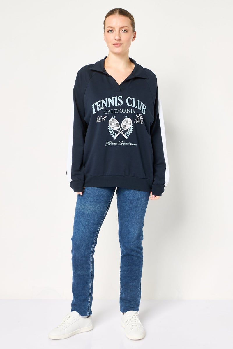 DeFacto Women Spread Collar Long Sleeve Graphic Print Sweatshirt, Navy - Image 4