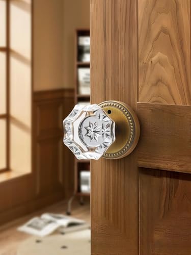 SORWDUERM 4 Pack Antique Brass Door Knobs Crystal Door Knob Interior Privacy Door Knob for Bedroom and Bathroom Glass Door Knob,Zinc Alloy - Image 3