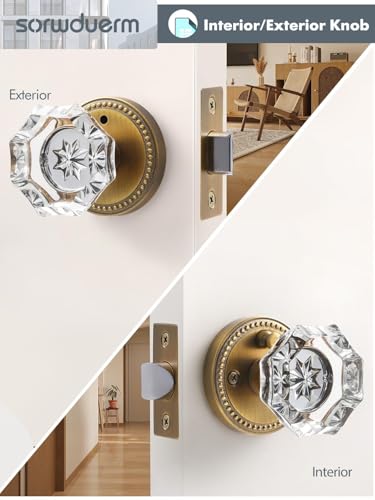 SORWDUERM 4 Pack Antique Brass Door Knobs Crystal Door Knob Interior Privacy Door Knob for Bedroom and Bathroom Glass Door Knob,Zinc Alloy - Image 5