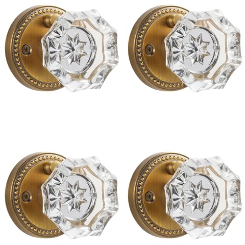 SORWDUERM 4 Pack Antique Brass Door Knobs Crystal Door Knob Interior Privacy Door Knob for Bedroom and Bathroom Glass Door Knob,Zinc Alloy - Image 1
