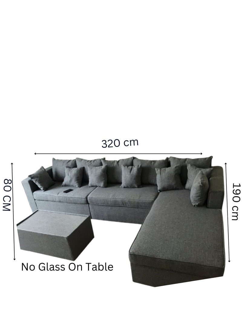 Maharat Al Bahar Grey L-Shaped Diwan Sofa Set 5 Seater With Table And Pillows 350x80x80  - Image 2