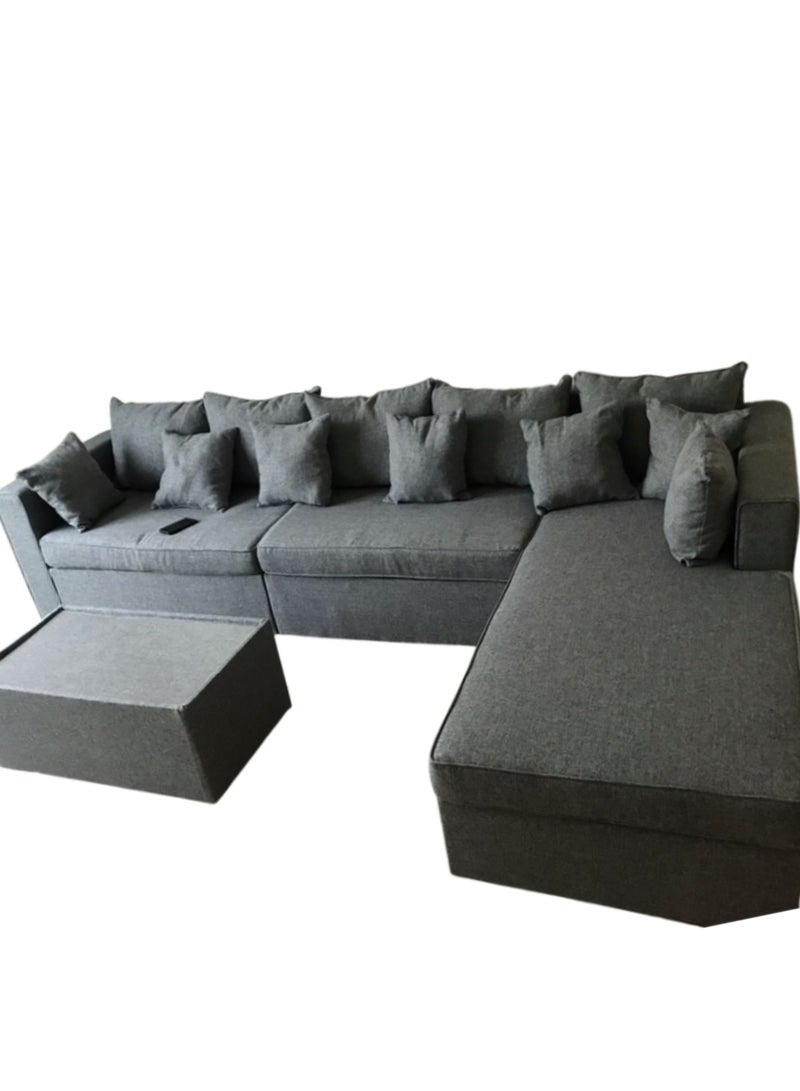 Maharat Al Bahar Grey L-Shaped Diwan Sofa Set 5 Seater With Table And Pillows 350x80x80  - Image 1
