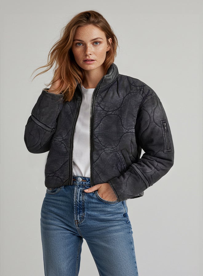 trendyol Anthracite Oversize Pattern Washed Cotton Quilted Puffer Jacket - Image 1
