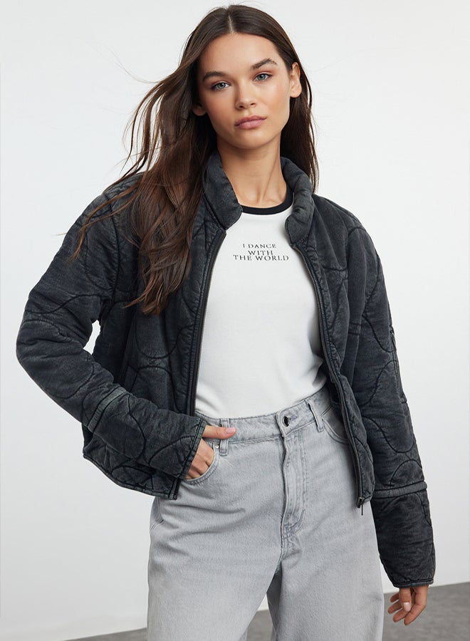 trendyol Anthracite Oversize Pattern Washed Cotton Quilted Puffer Jacket - Image 2