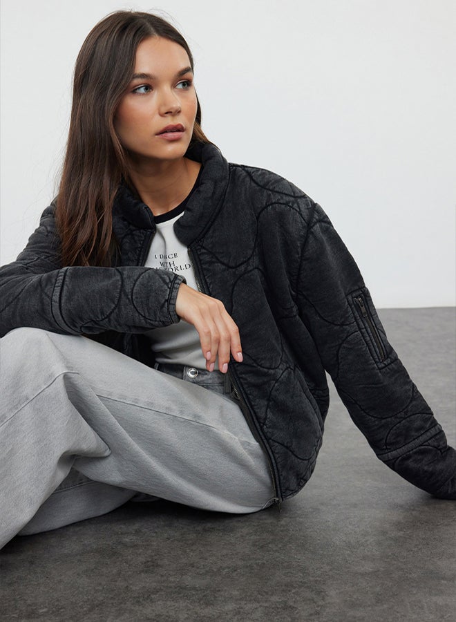 trendyol Anthracite Oversize Pattern Washed Cotton Quilted Puffer Jacket - Image 3