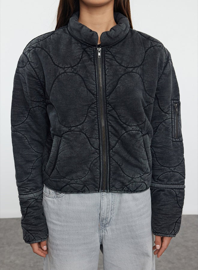 trendyol Anthracite Oversize Pattern Washed Cotton Quilted Puffer Jacket - Image 4