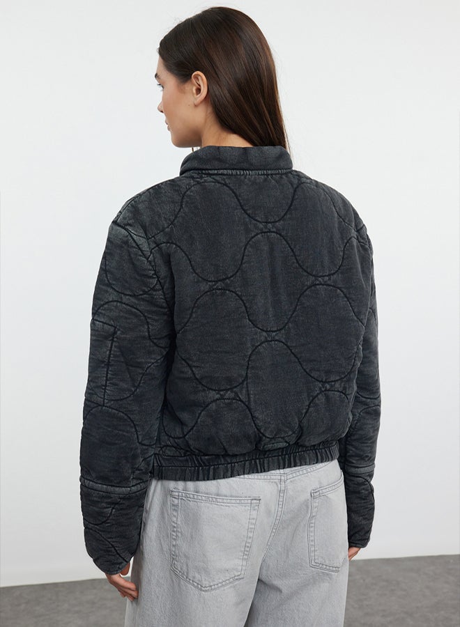trendyol Anthracite Oversize Pattern Washed Cotton Quilted Puffer Jacket - Image 5