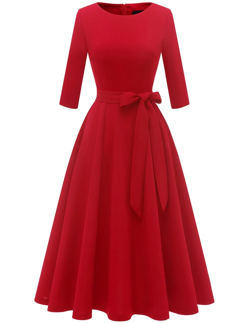 DRESSTELLS Valentines Day Dresses, Cocktail Tea Party Formal Wedding Guest Dress Knee Length, Mother of Bride Evening Gala Gown Modest Aline 3/4 Long Sleeve Vintage, 2026 Spring, Red L - Image 1