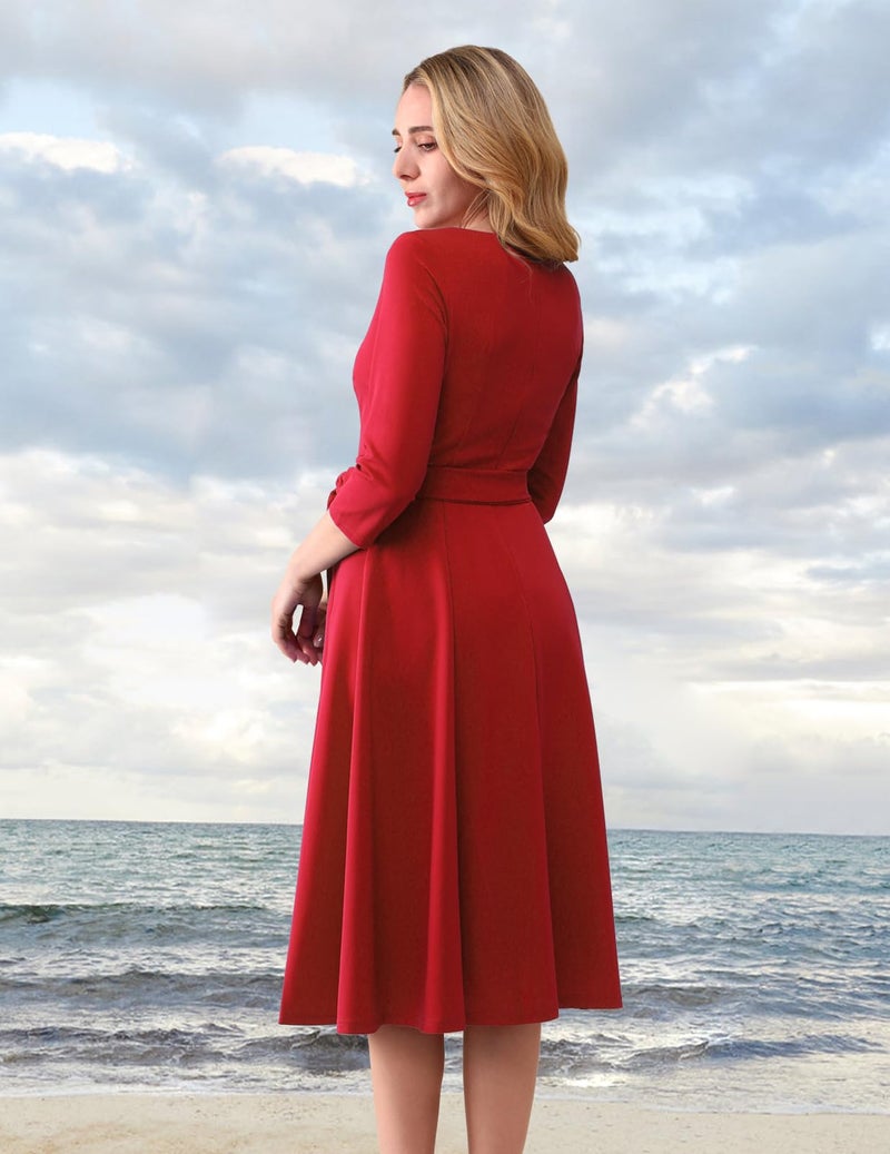 DRESSTELLS Valentines Day Dresses, Cocktail Tea Party Formal Wedding Guest Dress Knee Length, Mother of Bride Evening Gala Gown Modest Aline 3/4 Long Sleeve Vintage, 2026 Spring, Red L - Image 4