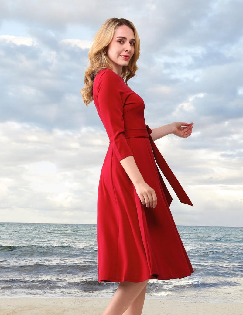 DRESSTELLS Valentines Day Dresses, Cocktail Tea Party Formal Wedding Guest Dress Knee Length, Mother of Bride Evening Gala Gown Modest Aline 3/4 Long Sleeve Vintage, 2026 Spring, Red L - Image 3
