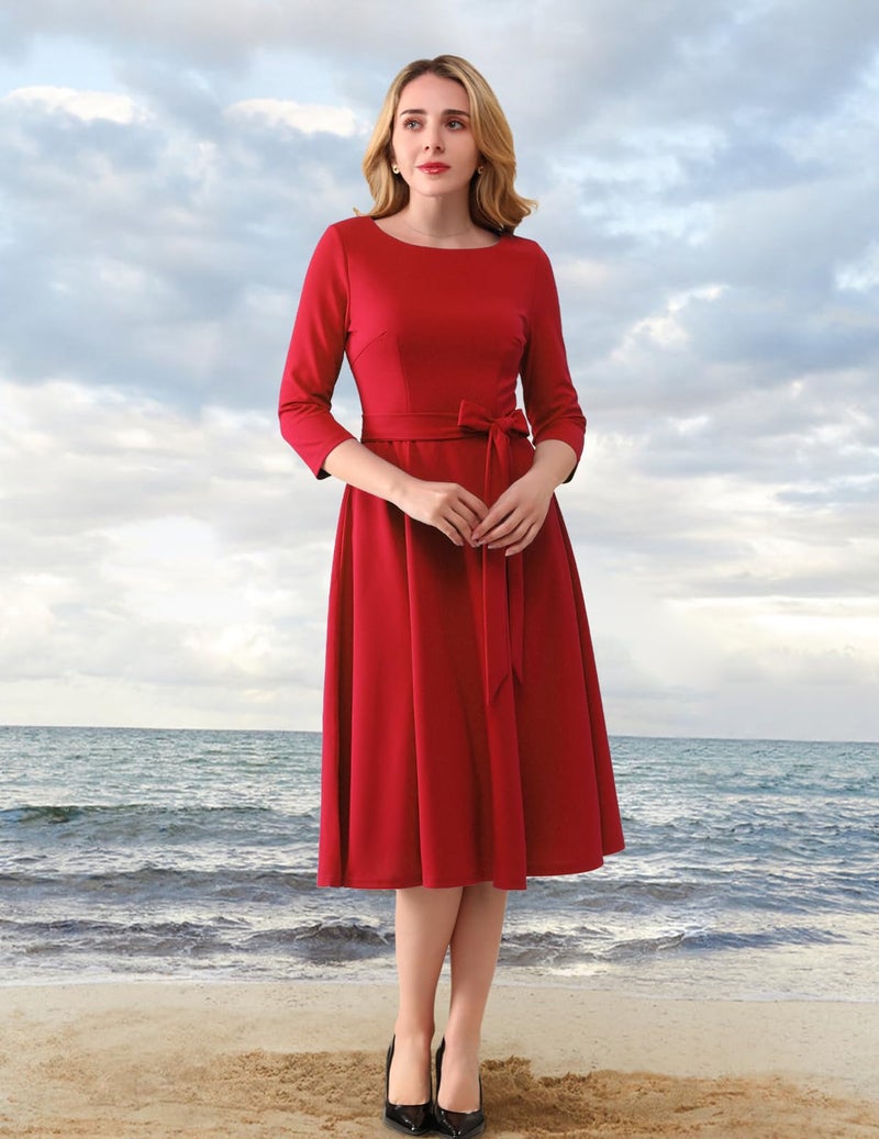 DRESSTELLS Valentines Day Dresses, Cocktail Tea Party Formal Wedding Guest Dress Knee Length, Mother of Bride Evening Gala Gown Modest Aline 3/4 Long Sleeve Vintage, 2026 Spring, Red L - Image 2