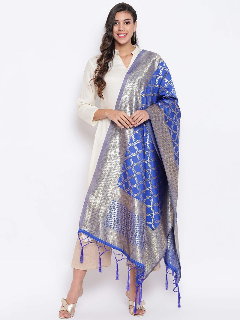 Lilots Women's Banarasi Silk Jacquard Woven Dupatta Gorgeous Printed Chunni (Blue), Free Size - Image 2