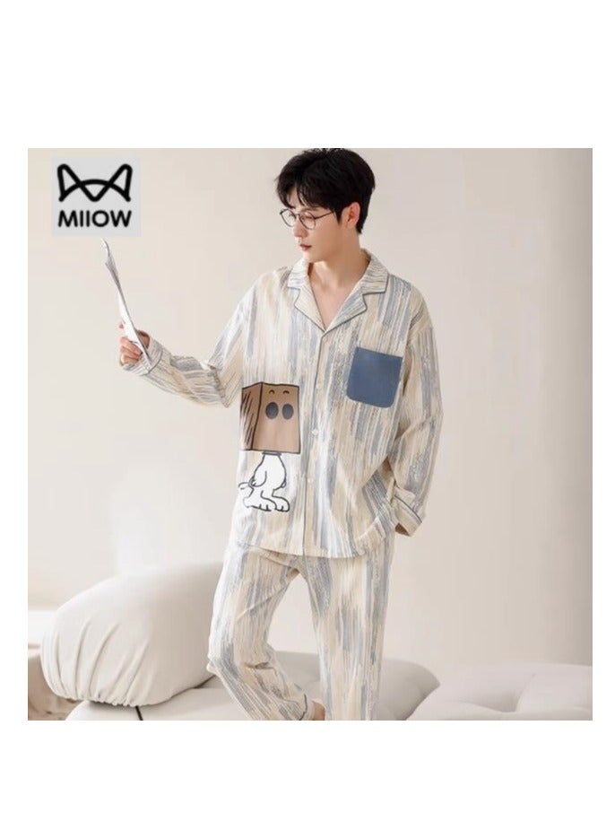 MIIOW Cotton Men's Long Sleeved And Long Pants Home Suit Set - Image 1