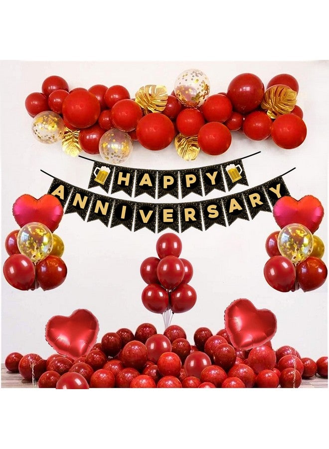 Party Propz Happy Anniversary Decoration Kit For Home -35 Items Red Combo Set Paper Banner (cardstock), Metallic Balloons, Heart Foil Balloons anniversary decoration items For Bedroom - Image 1