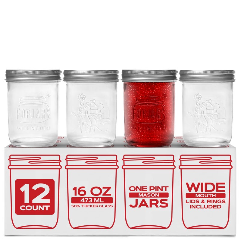 FORJARSÂ® Premium Mason Jars with Lids â€“ 16oz | Wide Mouth Canning Jars | 12-Pack Glass Jars for Jam, Jelly, Pickling, Food Storage, Freezer Safe, Airtight Bulk Set - Image 1