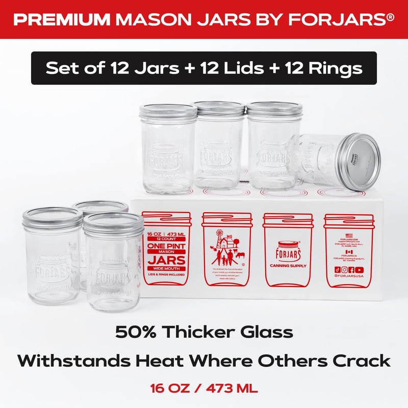 FORJARSÂ® Premium Mason Jars with Lids â€“ 16oz | Wide Mouth Canning Jars | 12-Pack Glass Jars for Jam, Jelly, Pickling, Food Storage, Freezer Safe, Airtight Bulk Set - Image 2