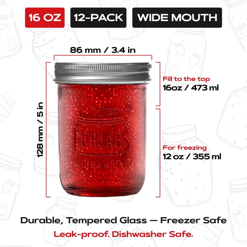 FORJARSÂ® Premium Mason Jars with Lids â€“ 16oz | Wide Mouth Canning Jars | 12-Pack Glass Jars for Jam, Jelly, Pickling, Food Storage, Freezer Safe, Airtight Bulk Set - Image 3
