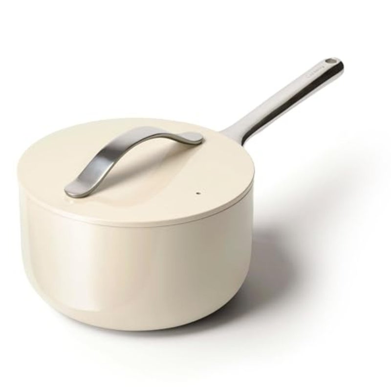 Nonstick Ceramic Sauce Pan with Lid 3 qt for cooking sauces and soups, ceramic material, cream color, non toxic PTFE PFOA free - Image 1