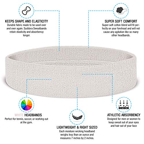 Suddora Head Sweatbands - Athletic Cotton Terry Cloth Headbands for Sports (White) - Image 2