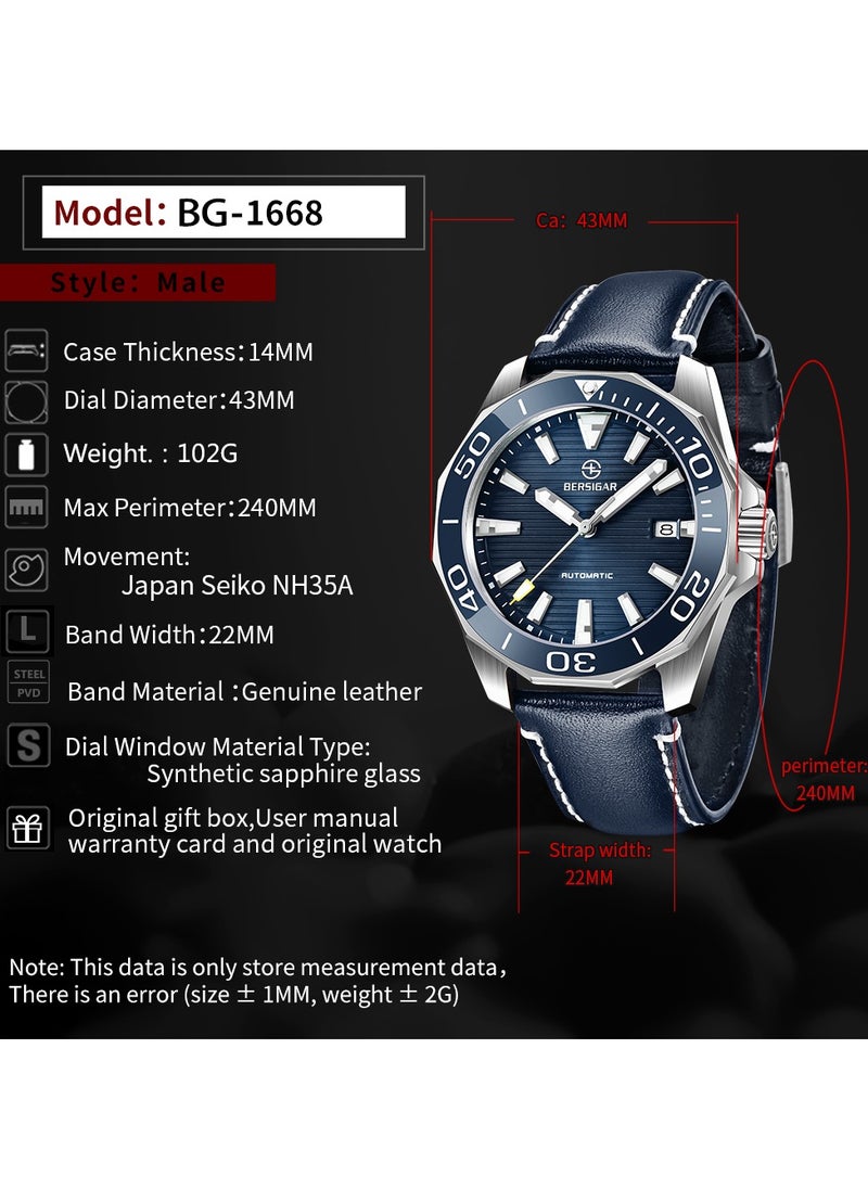 BERSIGAR - Bersigar BG-1668 Time craft Stainless Steel Leather Strap Mechanical Watch - Image 1