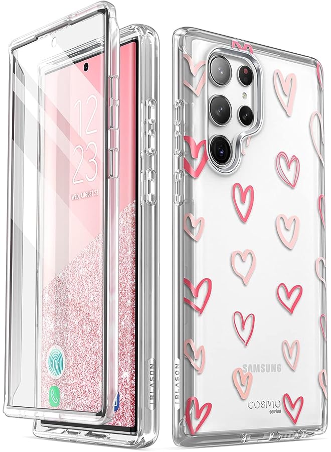 I-blason Cosmo Series for Samsung Galaxy S23 Ultra Case 6.8" (2023 Release), [Fingerprint ID Compatible] Slim Full-Body Stylish Protective Case with Built-in Screen Protector (Love Heart) - Image 1