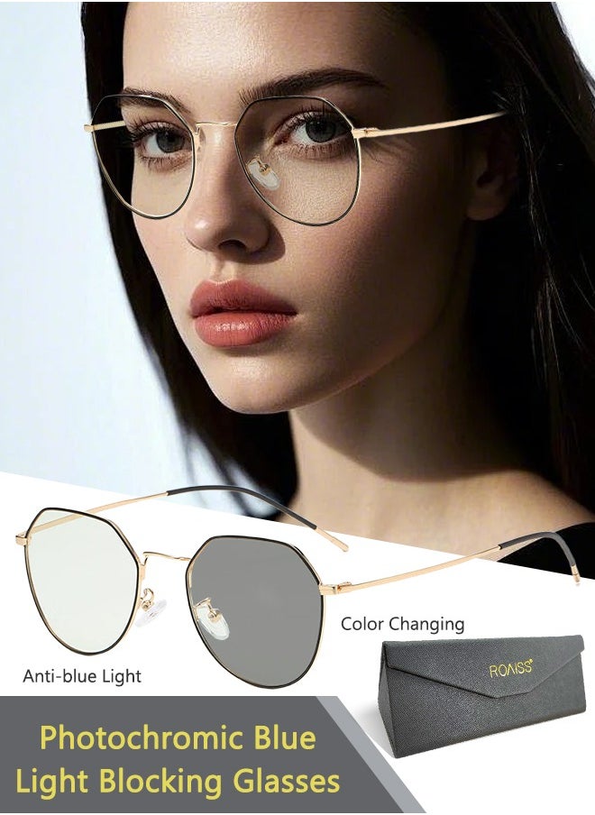 roaiss Blue Light Blocking Sunglasses Anti UV and Glare Blue Light Filter Computer Glasses Round Color Changing Anti Eyestrain Headache Eyewear for Men Women Black Gold  - Image 1