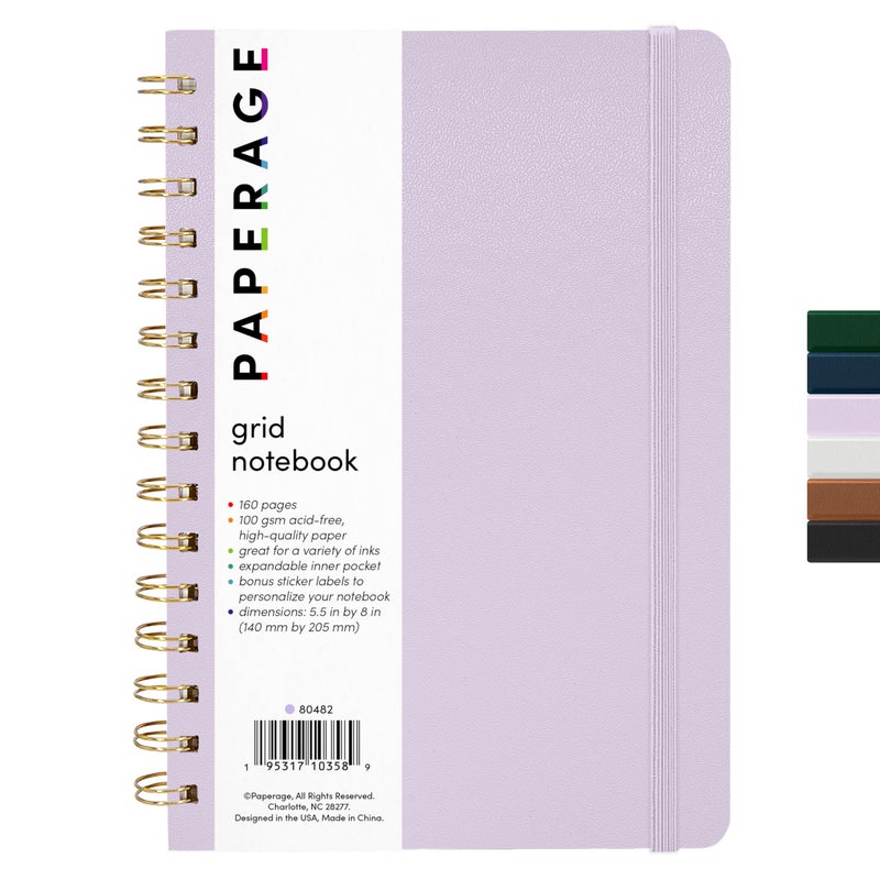 PAPERAGE Graph Paper Spiral Notebook & Journal, (Lavender), 160 Pages, Medium 5.5 inches x 8 inches - 100 GSM Thick Graphing Paper, Hardcover, Double-Wire Grid Spiral Notebook - Image 1
