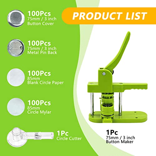 UPISON Button Maker Machine 75mm with Badge Pin Supplie Kit, 3-inch Pins Press Buttons Making with Blank Round Button Parts Metal Pin Back & Picture Paper & Plastic Mylar & Cutter, for DIY Keepsake Gift - Image 2