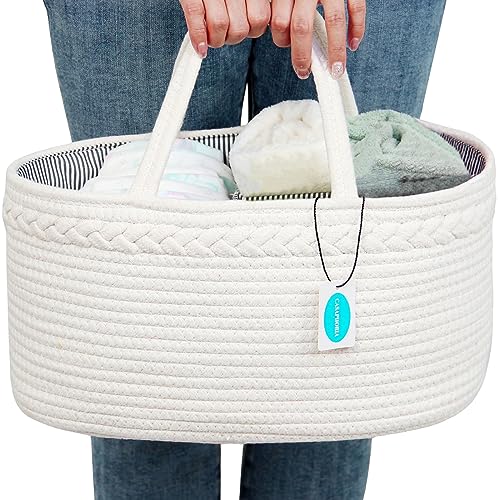 Casaphoria Caddy Organization Woven Cotton Rope Basket storage Caddy or Gift, Soft Circular Basket with Handle, Cotton Material,Light Brown(15.5"x10"x7.5") - Image 1