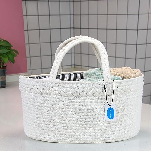 Casaphoria Caddy Organization Woven Cotton Rope Basket storage Caddy or Gift, Soft Circular Basket with Handle, Cotton Material,Light Brown(15.5"x10"x7.5") - Image 5